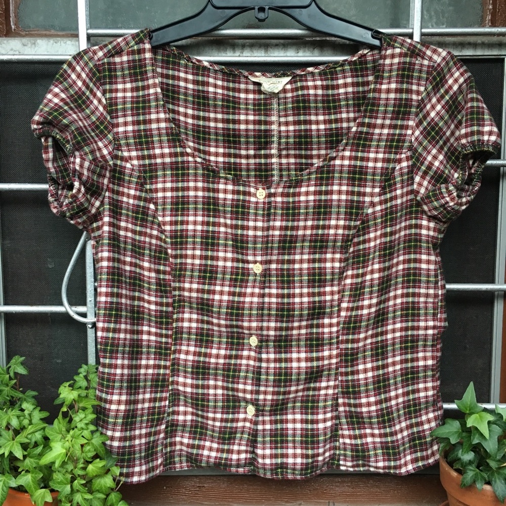 J. Crew 100% cotton plaid cap sleeve button front